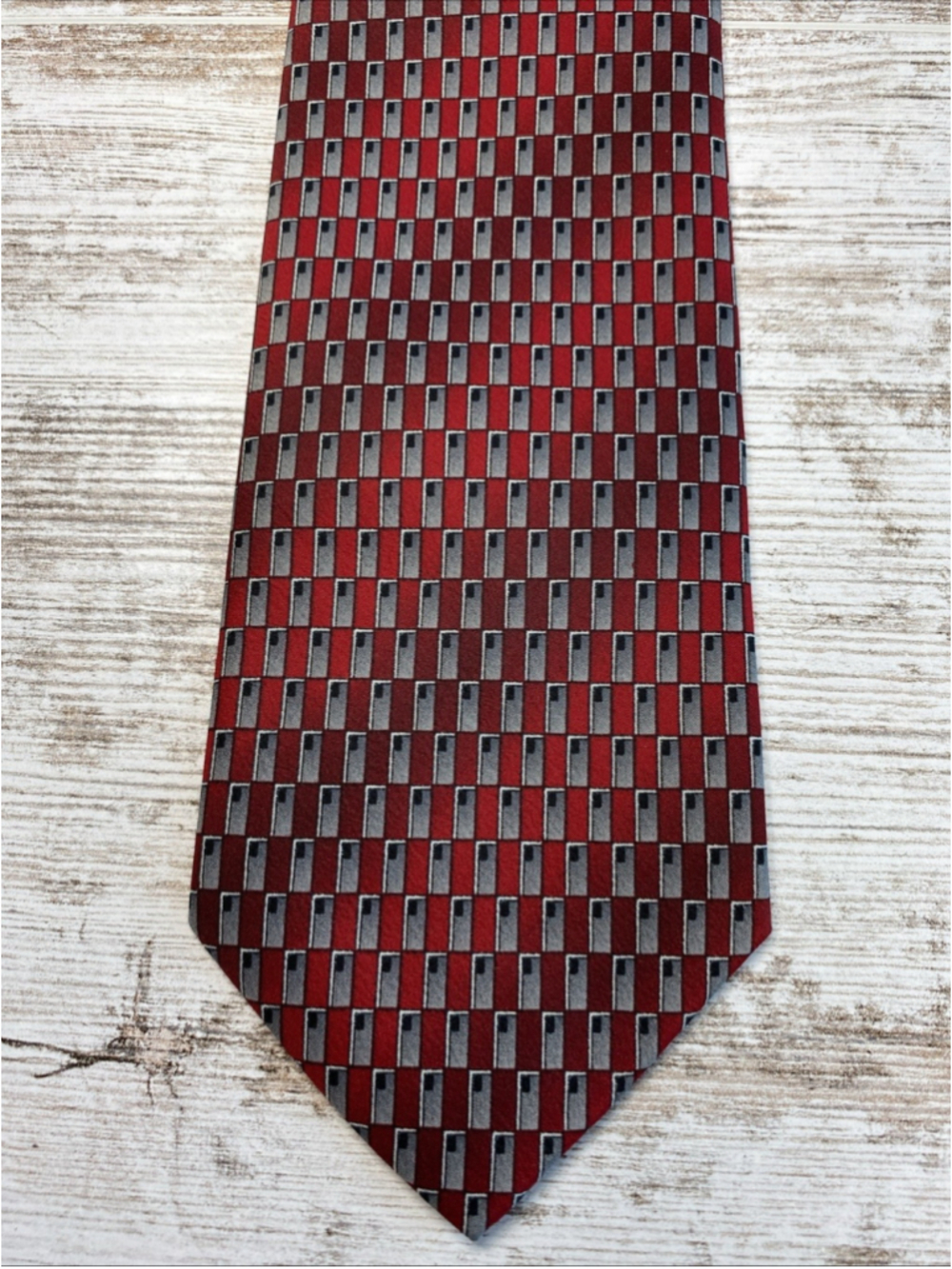 Clericci Handmade Italian Tie Red Gray Geometric Check Pattern Necktie 58 x 3.75